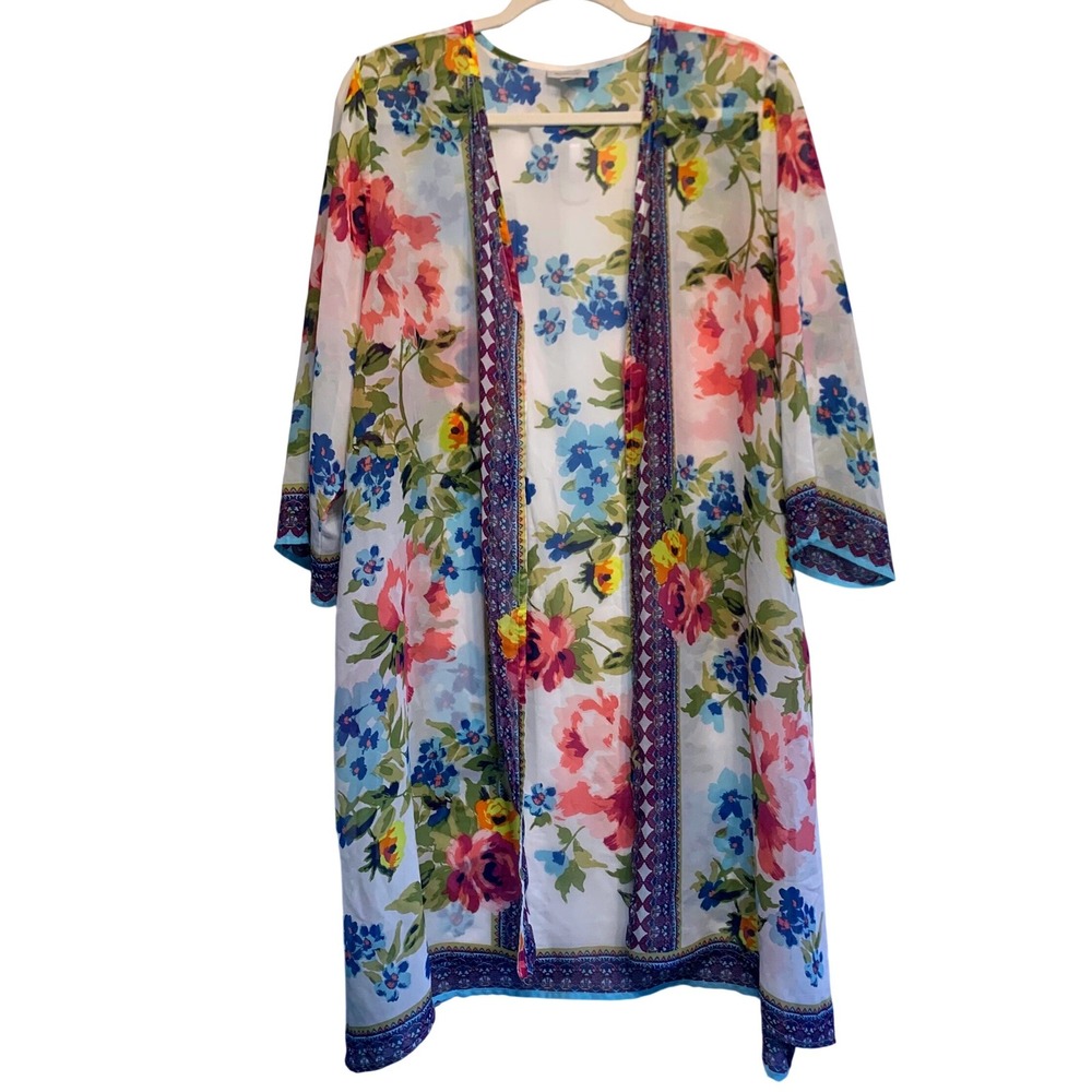 Avenue Kimono Women 14/16 White Floral Sheer Boho Open Front Layering